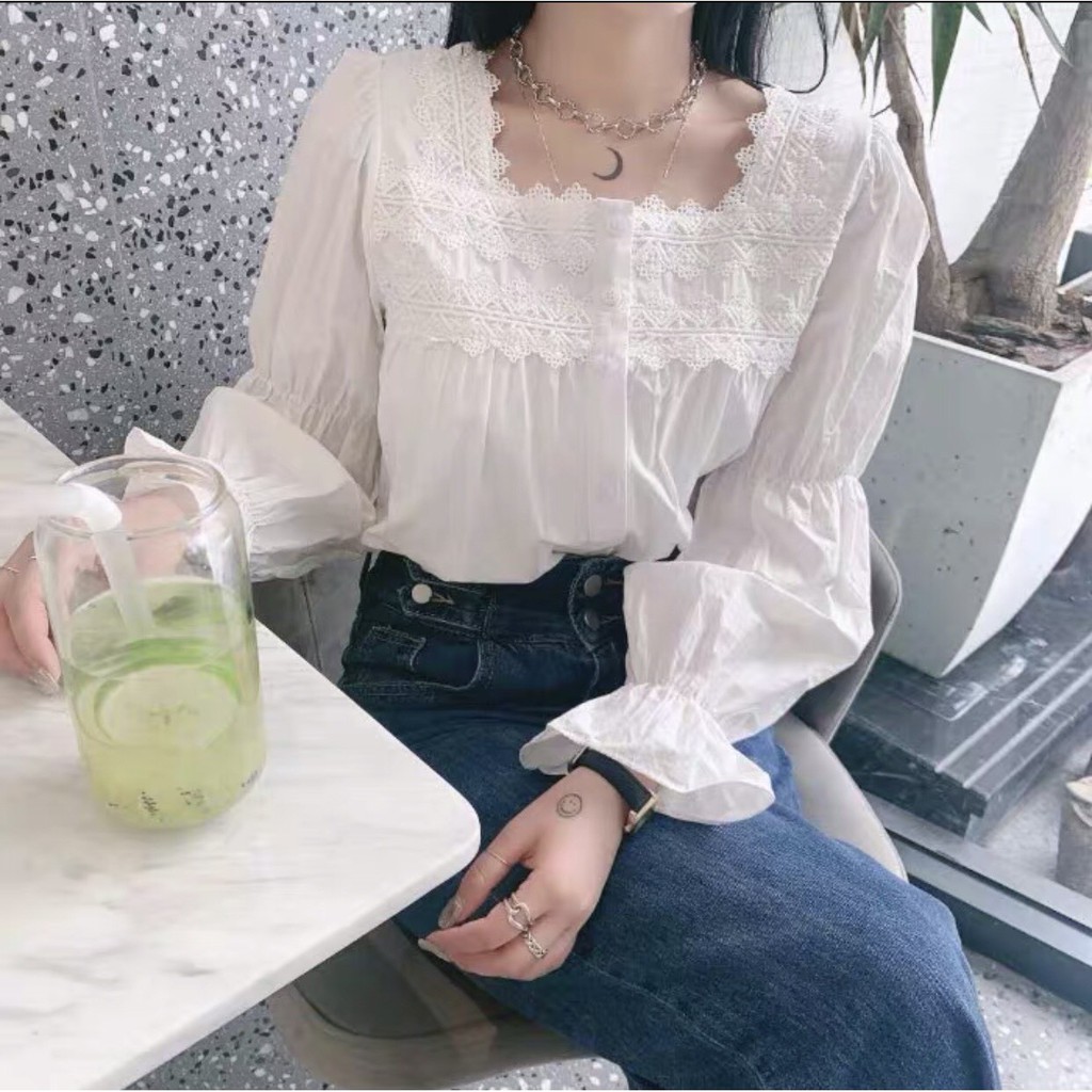 Áo babydoll cổ vuông ren bo tay tiểu thư - Áo sơ mi ren điệu bo tay ống loe ulzzang