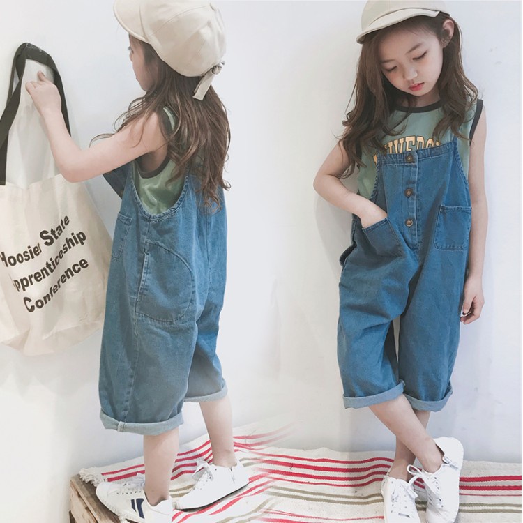 Quần Yếm Jean Ống Rộng Phong Cách Hàn Quốc Thời Trang Mùa Hè Cho Bé Gái 8 Tuổi