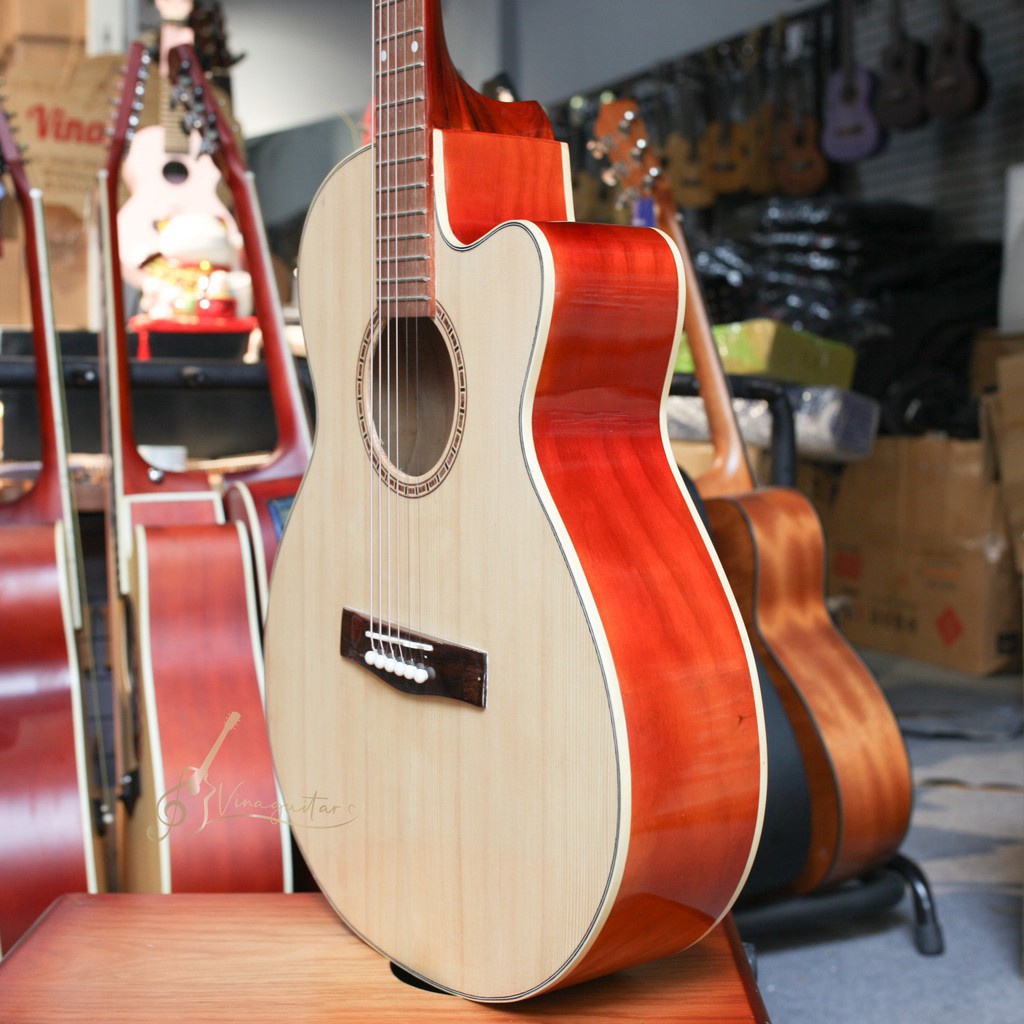 [Có Guitar 3/4] Đàn Guitar Acoustic VG- DEM Mặt Gỗ Thông Nguyên Tấm Lưng Hông Hồng Đào- Full Phụ Kiện Siêu Rẻ