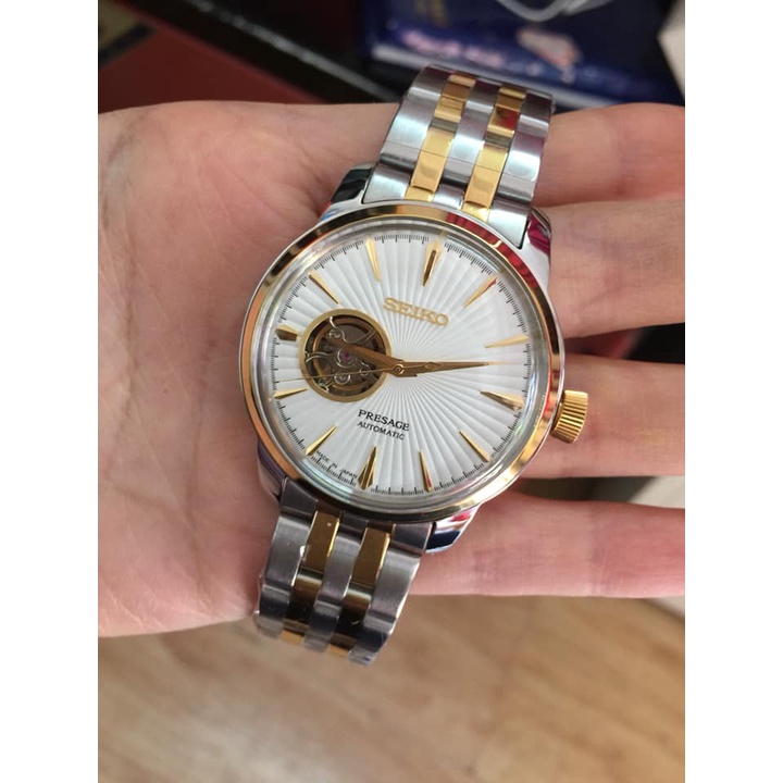 Đồng hồ Nam seiko hở vành tóc chạy cơ automatic mặt trắng vỏ vàng dây đơ mi trắng pha vàng máy Nhật 40mm