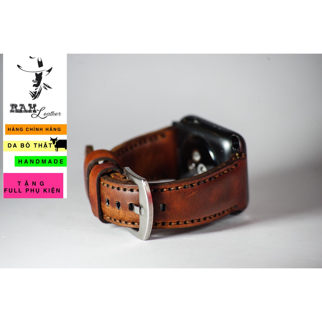 Dây đồng hồ RAM Leather vintage da bò Italia Vegtan màu nâu đỏ cao cấp