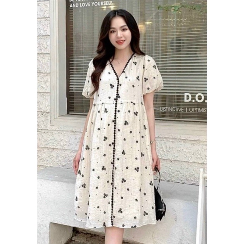 Đầm bầu thiết kế hoa nhí cổ V sang xịn đẹp, váy 2 lớp xinh xắn - V59