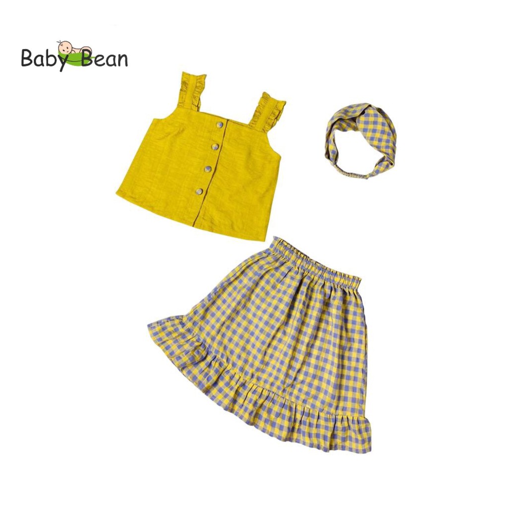 Bộ Váy Đũi Caro Áo Croptop Bé Gái BabyBean (kèm Băng Đô)