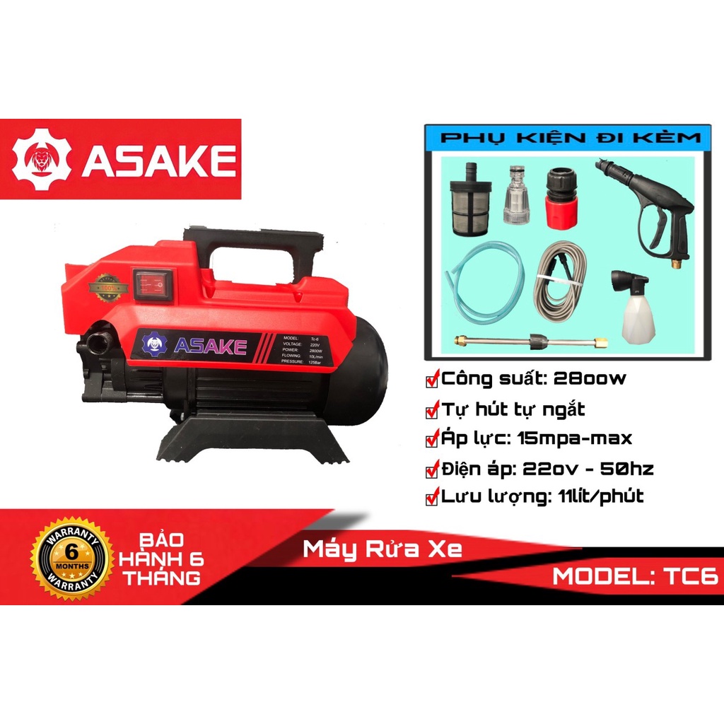 Máy rửa xe gia đình I Máy rửa xe cao áp ASAKE TC6 - công xuất 2800W - Có áp chống giật - Chống cháy