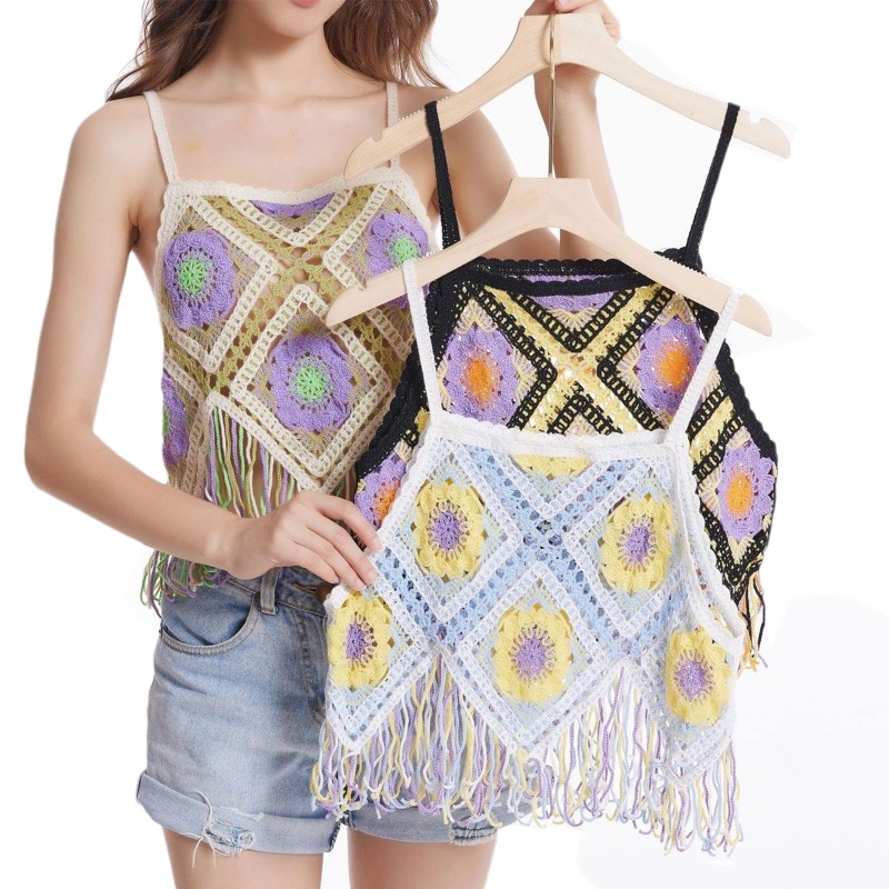 Áo Croptop Dệt Kim Không Tay In Họa Tiết Hoa / Kẻ Sọc Xinh Xắn Cho Nữ