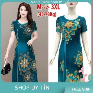 Đầm suông cổ tàu xẻ tà in hoa