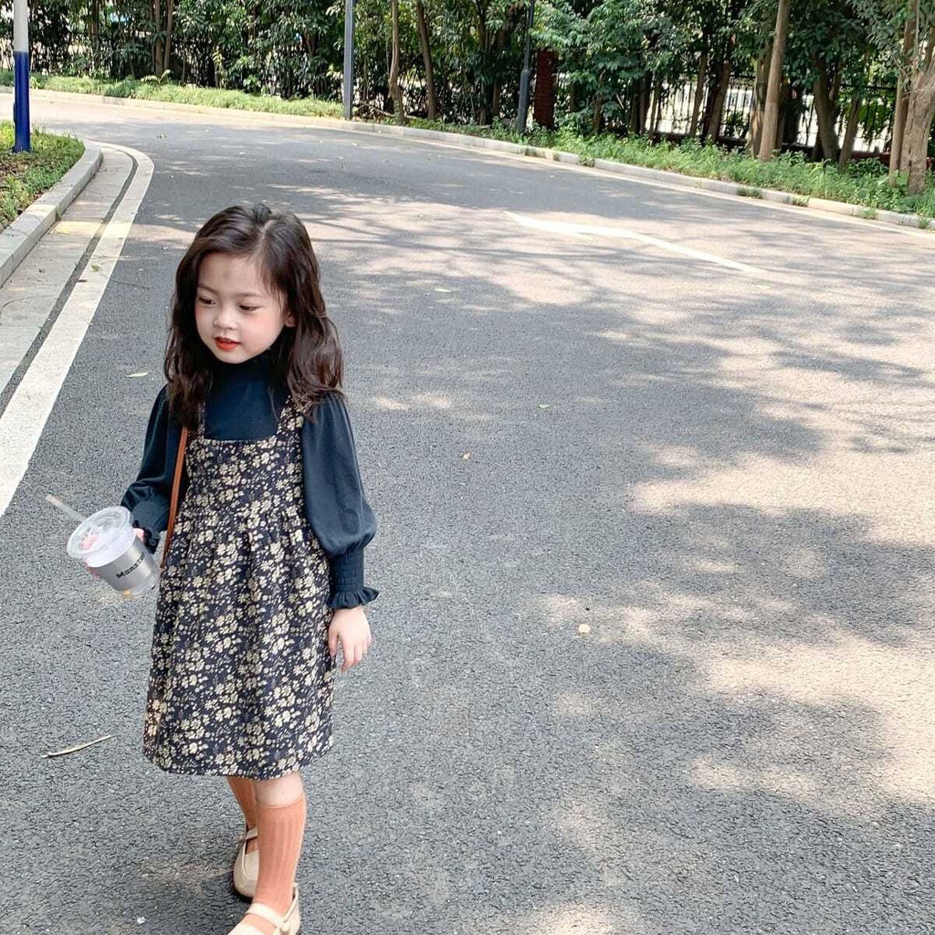 Bộ Đầm Hai Dây Vải Cotton Họa Tiết Hoa Phong Cách Phương Tây Thời Trang Mùa Thu Cho Bé Gái