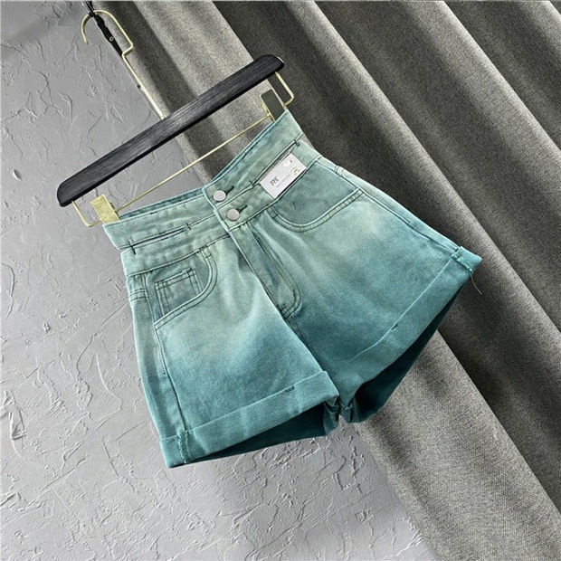 Quần Short Denim Ống Rộng Lưng Cao Màu Gradient Thời Trang Mùa Hè Cho Nữ