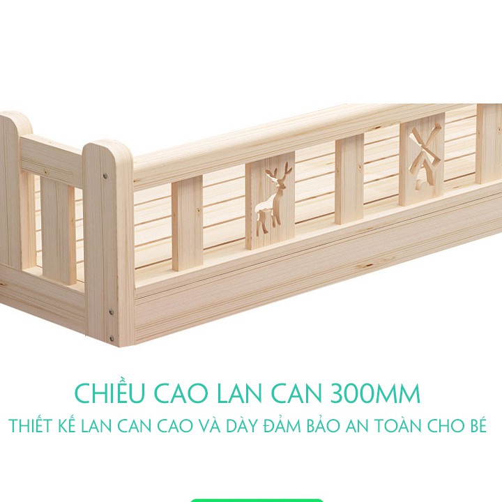 Giường gỗ cho trẻ em, giường cũi 3 mặt ghép cạnh giường cha mẹ size 150*70*70 gỗ thông không sơn cao cấp HAPPY HOME