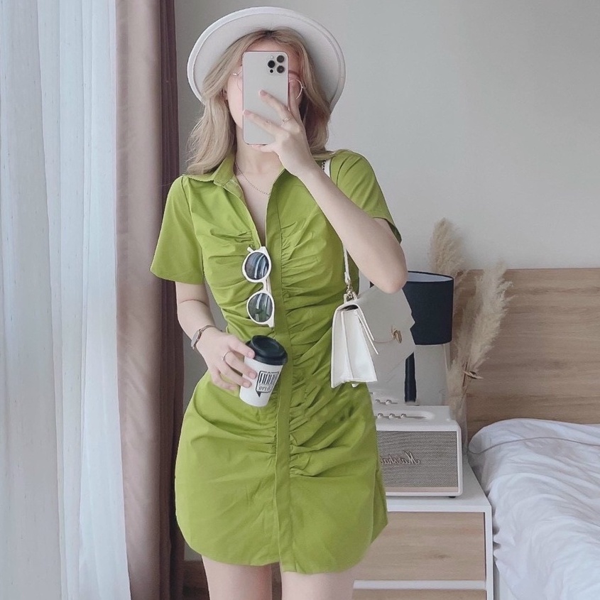 Đầm sơ mi nữ thời trang stclothing  thiết kế nhún eo cài nút st 75- mẫu mới