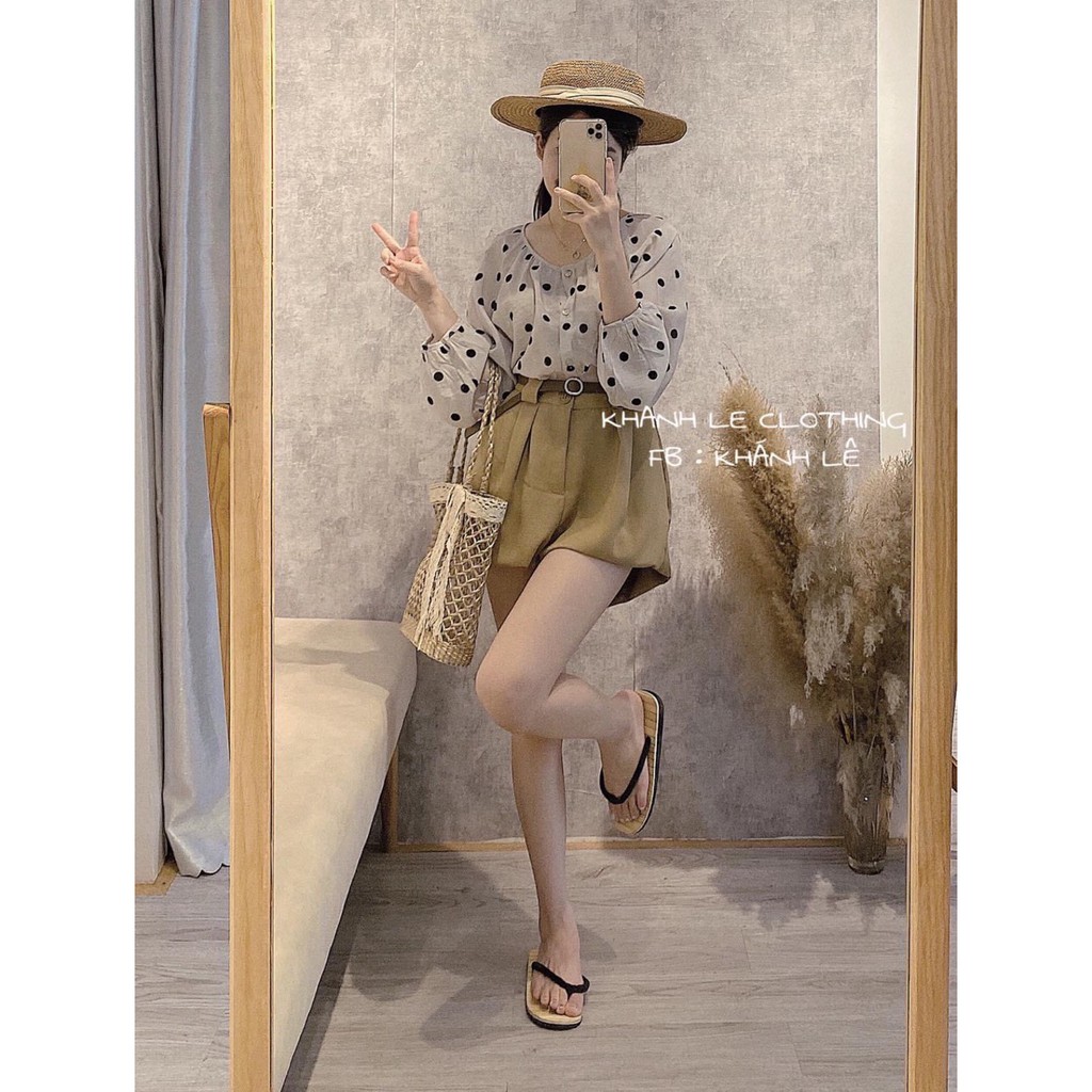 Set Đồ Nữ Đẹp 🔥FREESHIP🔥 Sét áo chấm bi mix quần short lửng nâu be siêu sang