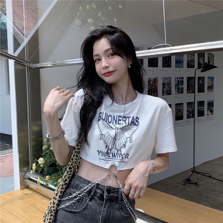 Áo croptop nữ Tay Ngắn Phối Dây Xích  áo Thun JL-TX-216