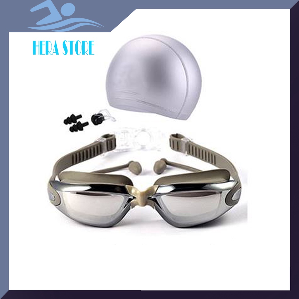 Combo kính bơi tráng gương, mũ bơi, nút bịt tai, kẹp mũi chống sặc nước STORE HERA KB01