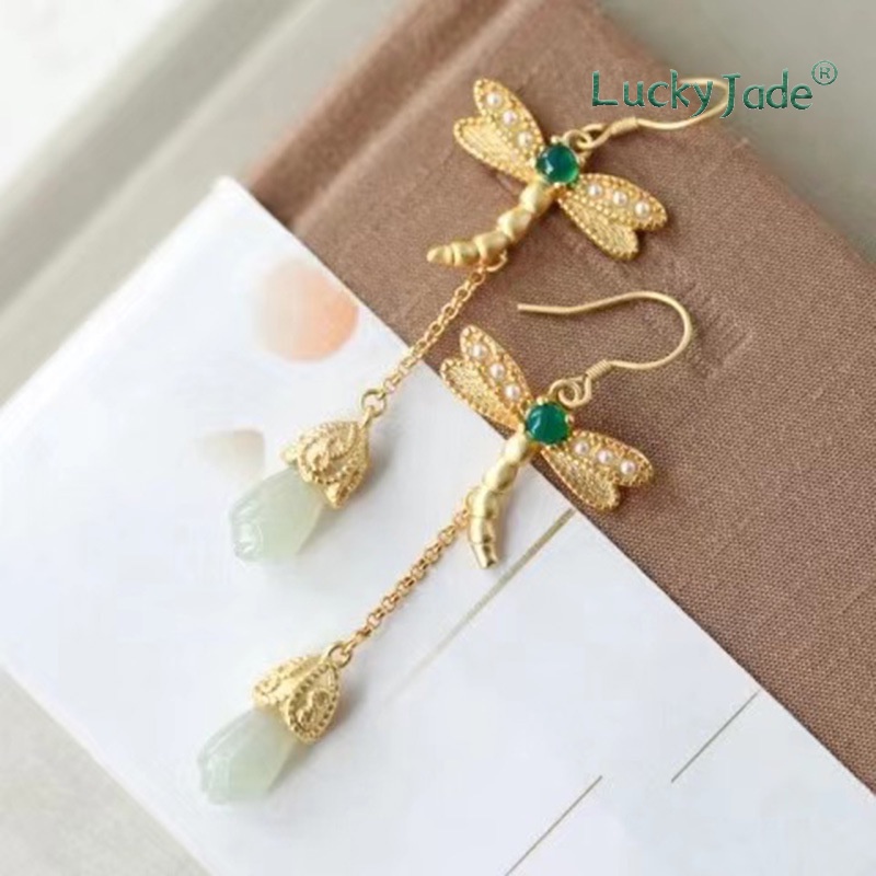 Bông Tai Mạ Vàng 18K Đính Ngọc Bích Trắng Phong Cách Trung Quốc