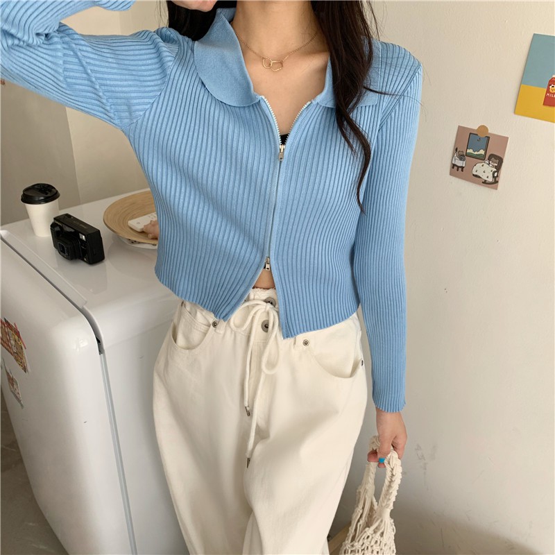 Áo croptop dệt kim dài tay cổ bẻ phối khóa kéo phong cách Hàn Quốc | BigBuy360 - bigbuy360.vn