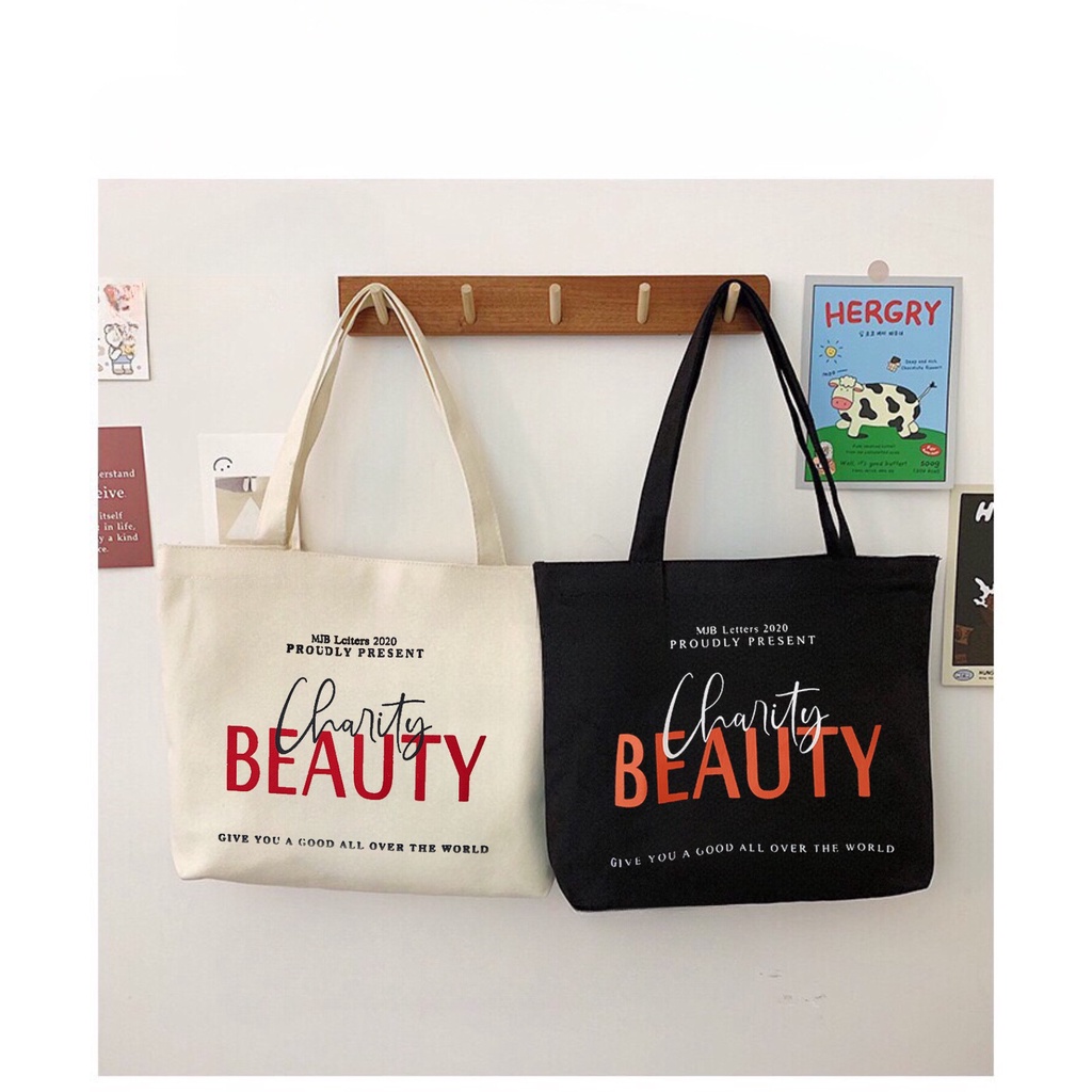 Túi tote Hazin vải canvas ulzzang unisex in chữ Charity Beauty có khoá miệng ngăn phụ nhỏ HZ58