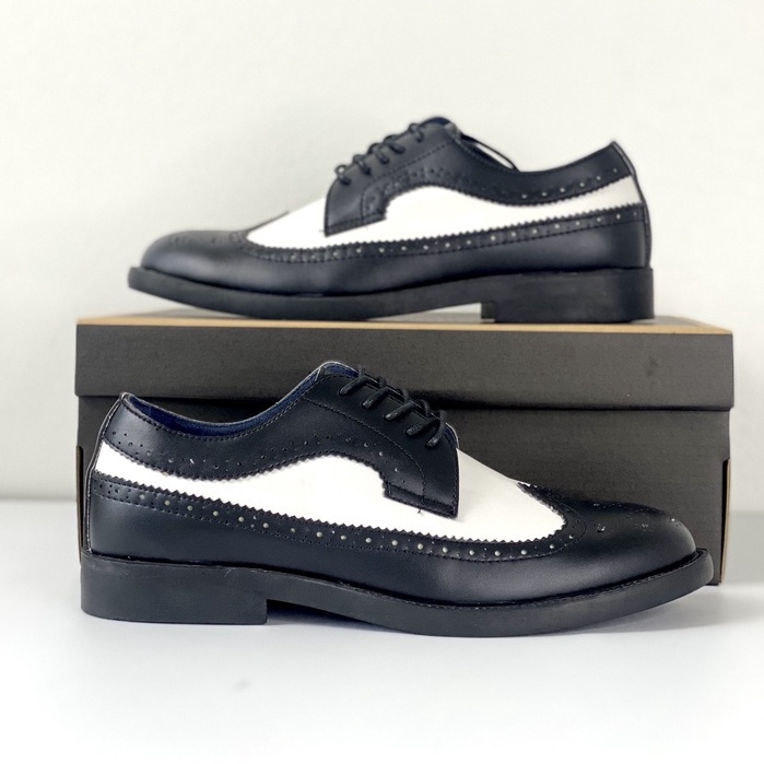 Giày nam oxford công sở mũi tròn Đen phối Trắng ,DA mềm cao cấp màu đen , Đế Cao su Cao 3cm ,Có Khâu Đế  -Bảo hành 12 th