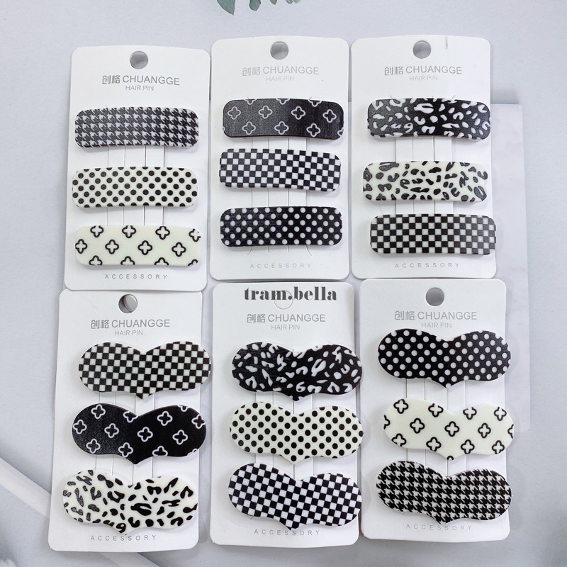 set 3 kẹp tóc kiểu caro đe trắng nhiều hình