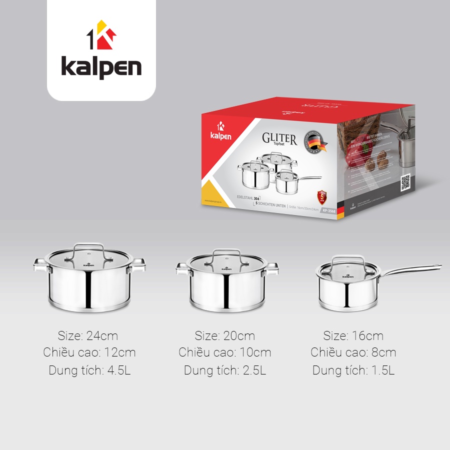 BỘ 3 NỒI INOX304 KALPEN GLITER KP-3568 HÀNG CHÍNH HÃNG