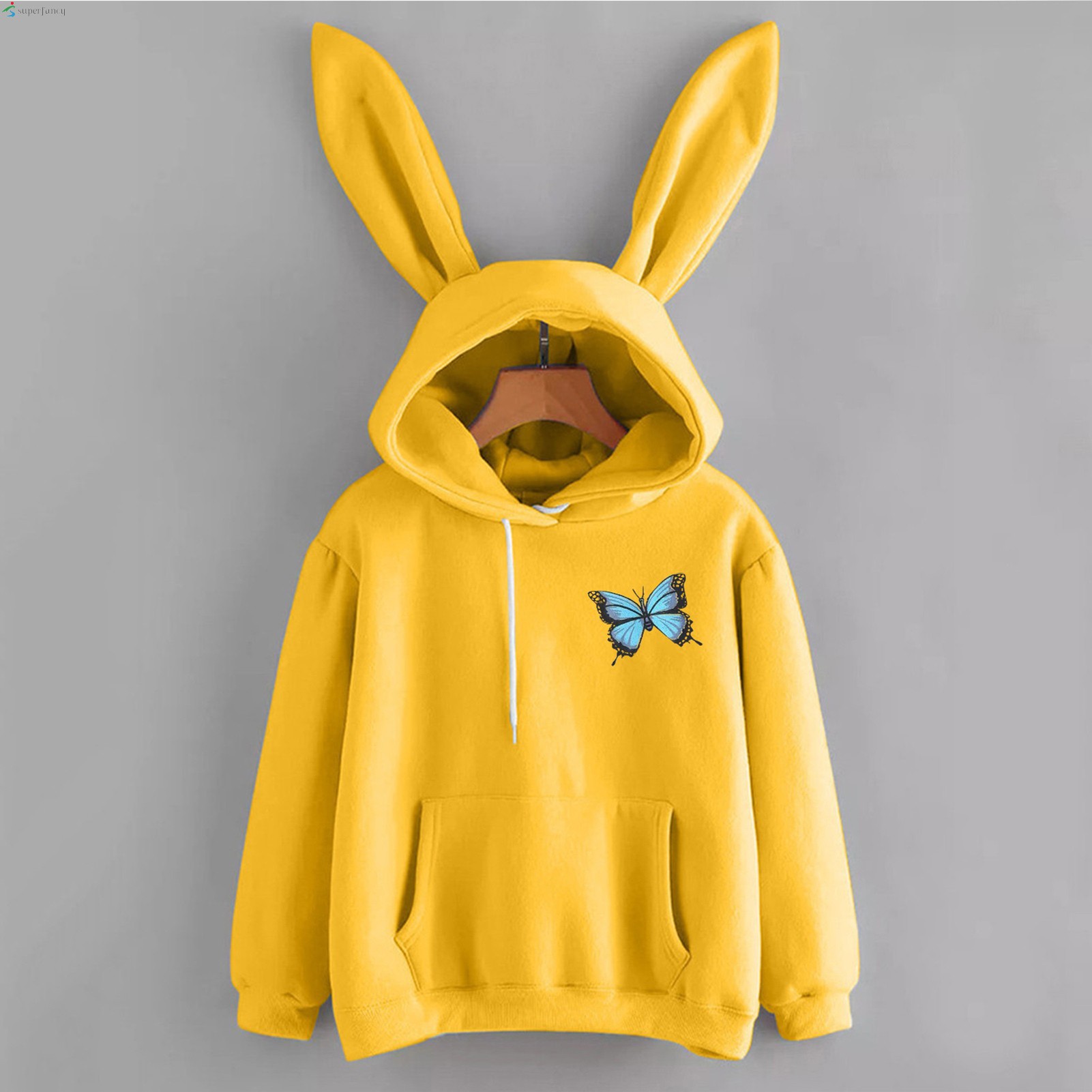 Women Long Sleeve Rabbit Hooded Sweatshirt Butterfly Print Bunny Ear Pullover Tops for Autumn Winter