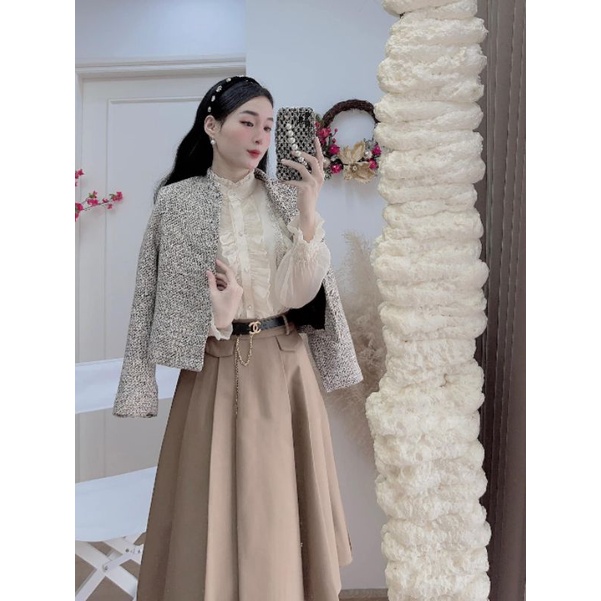 Áo Sơ Mi Nữ Ms.0261 Áo Thiết Kế Cổ Tàu Phối Vèo, Dáng Suông Tay Dài Chất Tơ Nhũ Hai Lớp Sang Chảnh