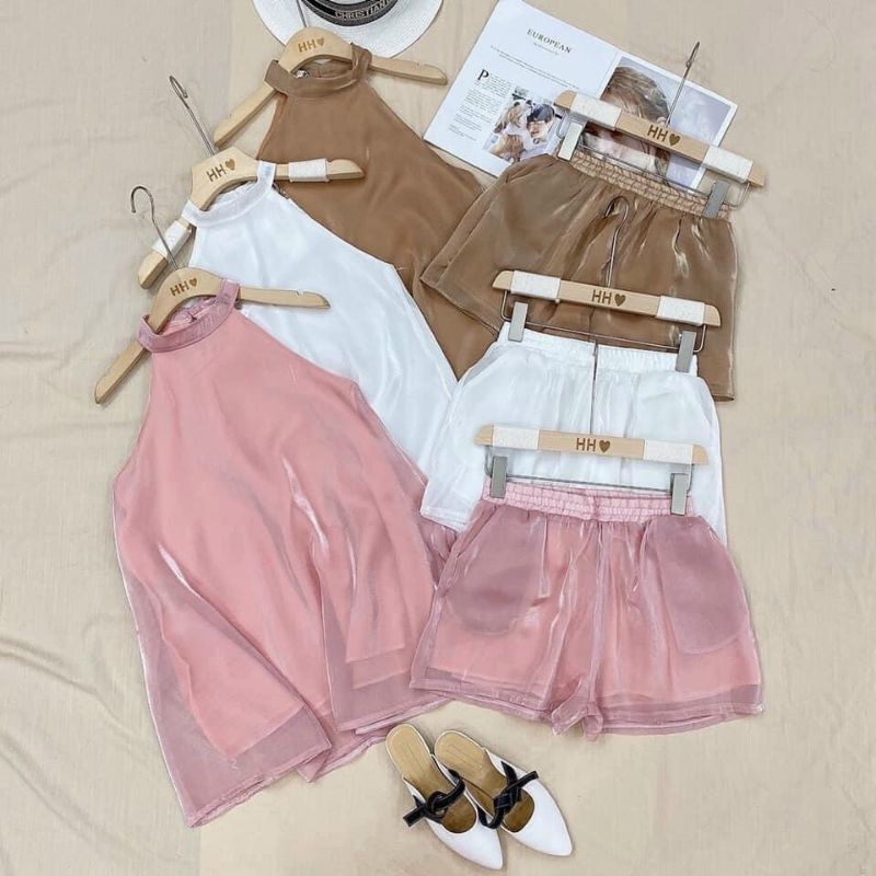 set yếm voan tơ phối quần short cạp chun sang trọng