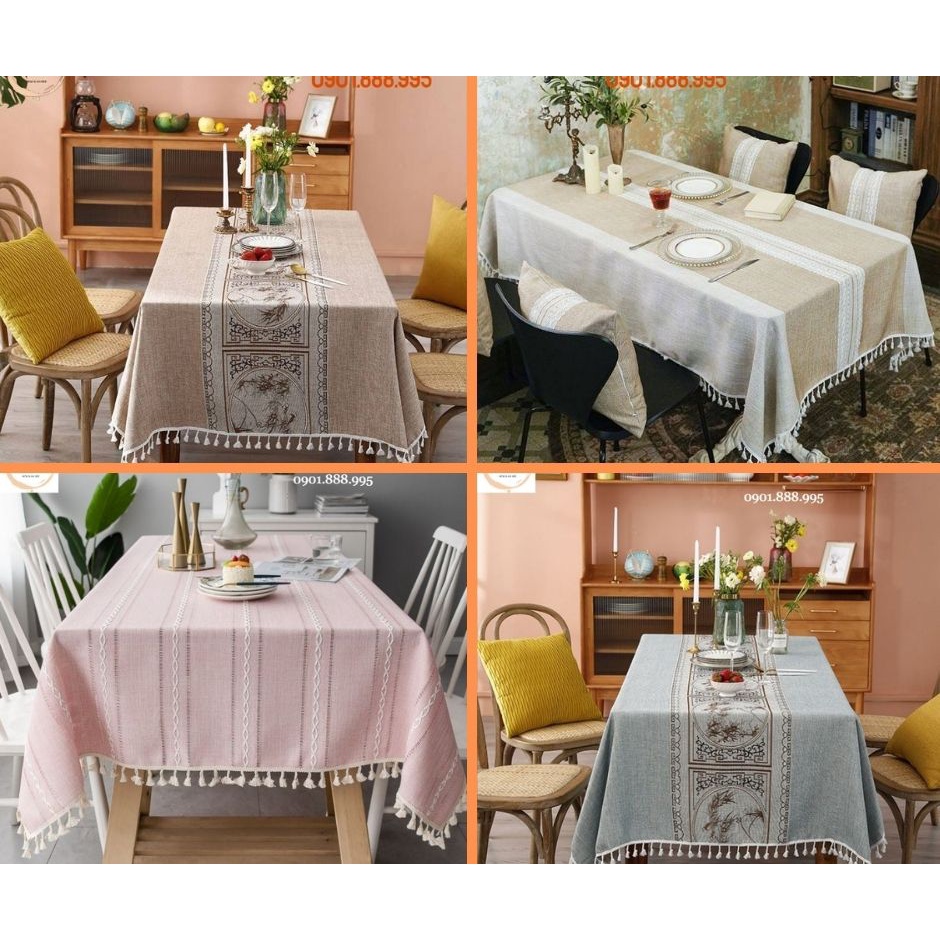(1)TH Khăn trải bàn Cao Cấp hình vuông/chữ nhật chất liệu 100% Cotton Organic Phong cách Bắc Âu