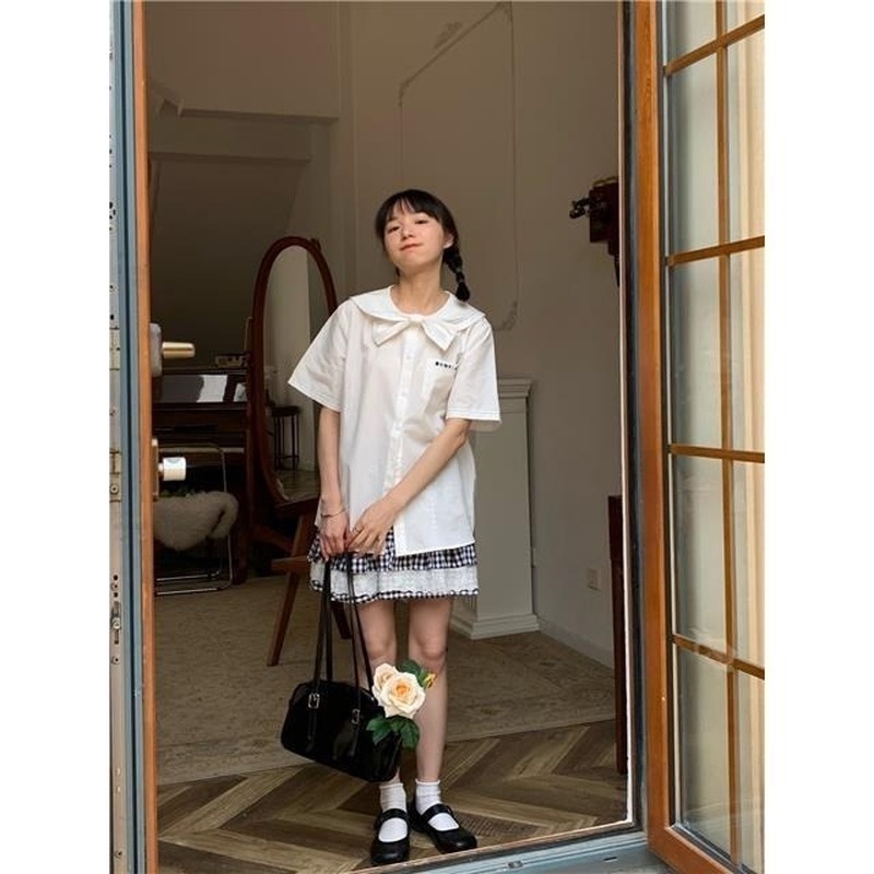Áo Sơ Mi Trắng Tay Ngắn Cổ Thắt Nơ Dễ Thương Phong Cách Nhật Bản Thời Trang Cho Nữ