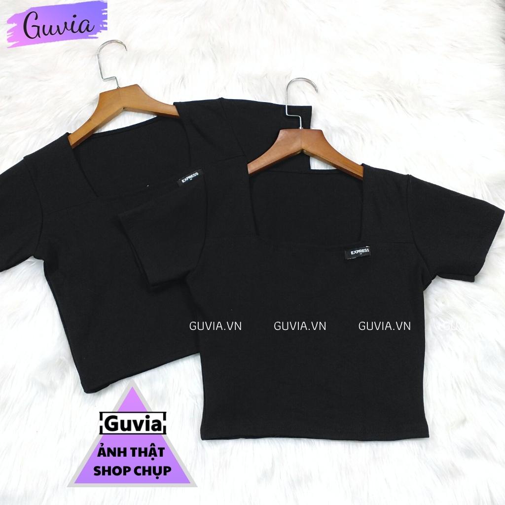 Áo Croptop Nữ Cổ Vuông LOGO Tay Ngắn Ôm Body Sexy Chất Thun Tăm Trẻ Trung GUVIA