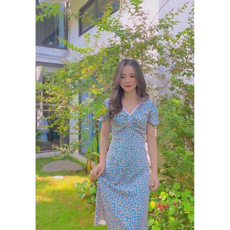 [Mã FATHANG5 giảm 10K đơn 50K] [BÁN SỈ] Váy Nữ Dáng Midi Hoa Xanh Siêu Tôn Da Cổ V Phối Ren Siêu Điệu_Cực Xinh | BigBuy360 - bigbuy360.vn