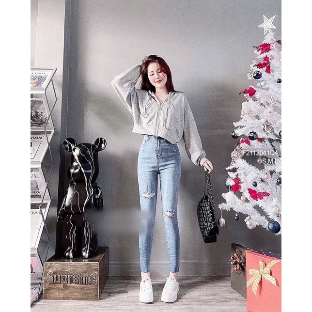 Quần jean ôm mài rách đùi hai bên lưng cao