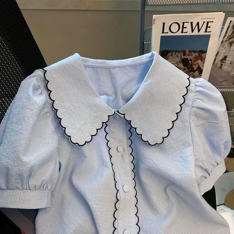 Áo Sơ Mi Cổ Búp Bê Tay Ngắn Phối Ren Màu Xanh Dương Dễ Thương Thời Trang Cho Nữ 6 Size 2-300