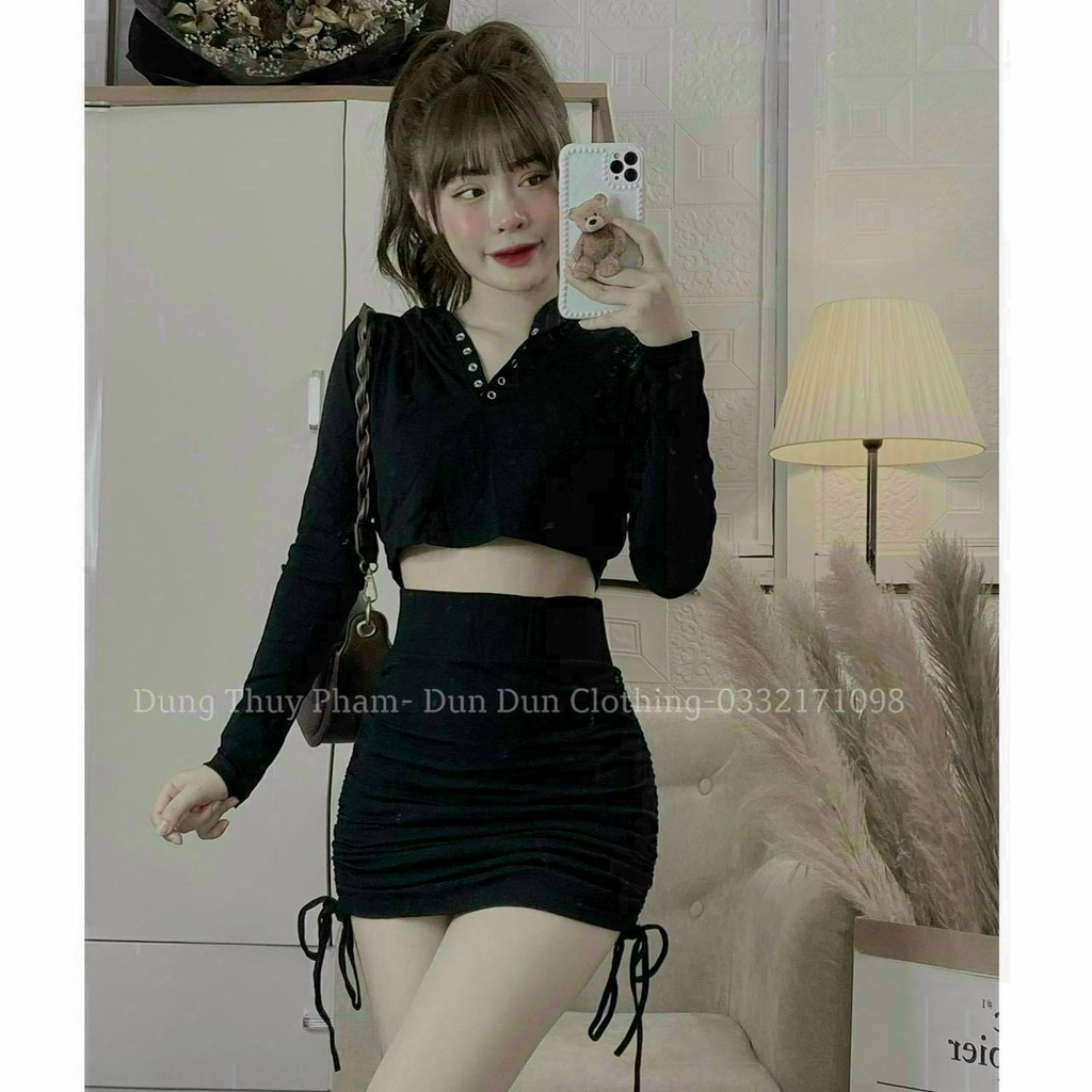 (Ưu Đãi FreeShip) Sét nữ thiết kế áo thun croptop tay dài có mũ mix chân váy rút dây chất thun gân mềm hàng chuẩn shop