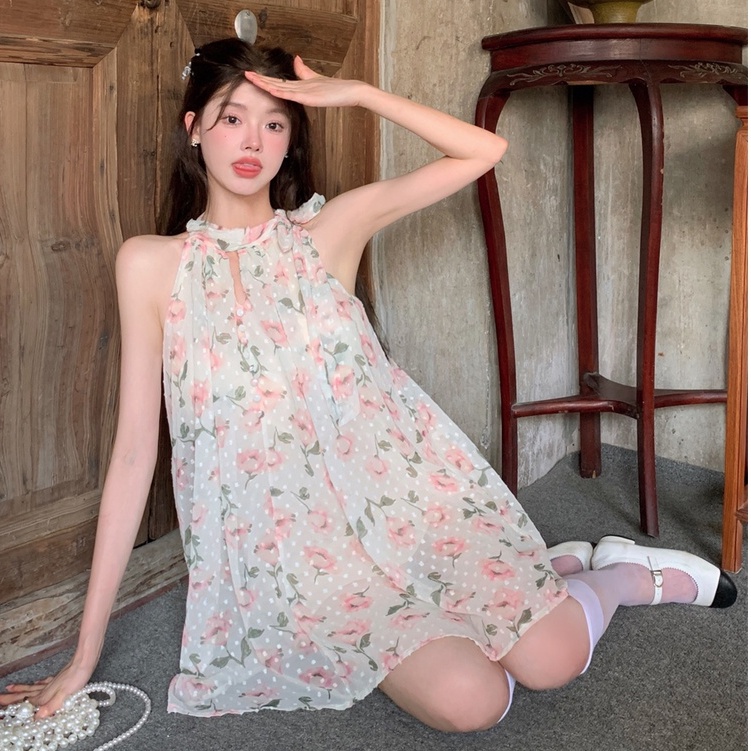 Đầm Chiffon Không Tay Cổ Yếm Dáng Rộng In Họa Tiết Hoa Thời Trang Mùa Hè Hàn Quốc Hàng Mới Quyến Rũ Cho Nữ