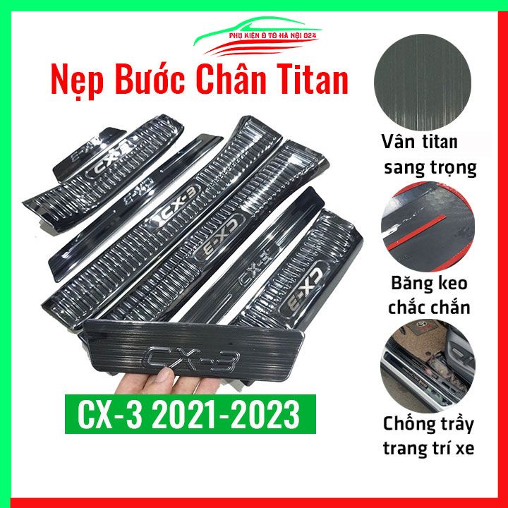 Ốp bậc cửa, nẹp bước chân trong ngoài Mazda CX3, CX-3 2021-2023 vân Titan chống trầy bảo vệ trang trí xe