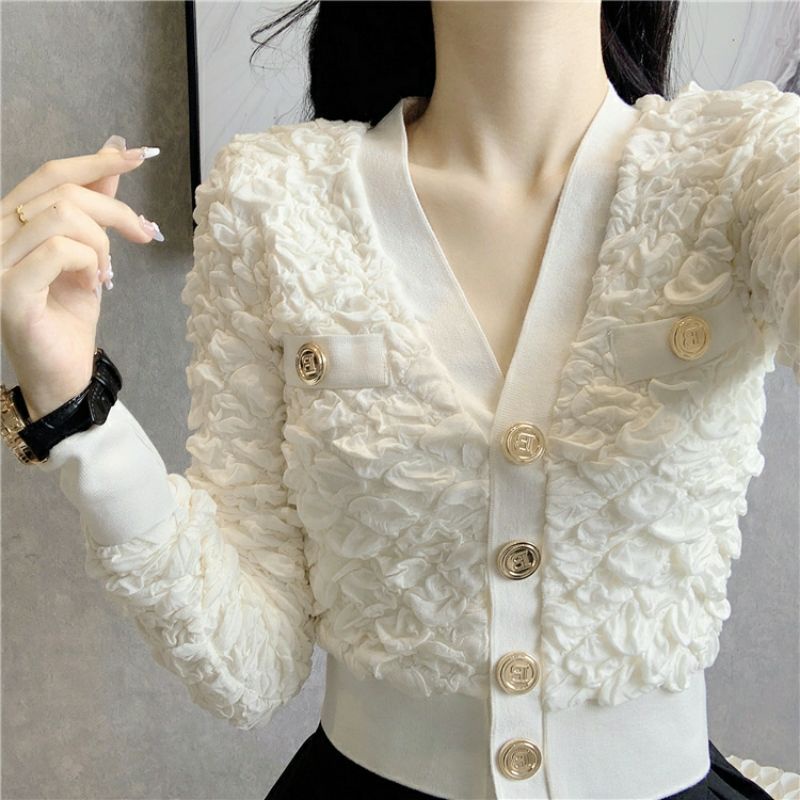 ÁO KHOÁC CARDIGAN CỔ CHỮ V XỐP NHĂN NỔI MÀU TRẮNG SỮA HOT HIT THU ĐÔNG 2021