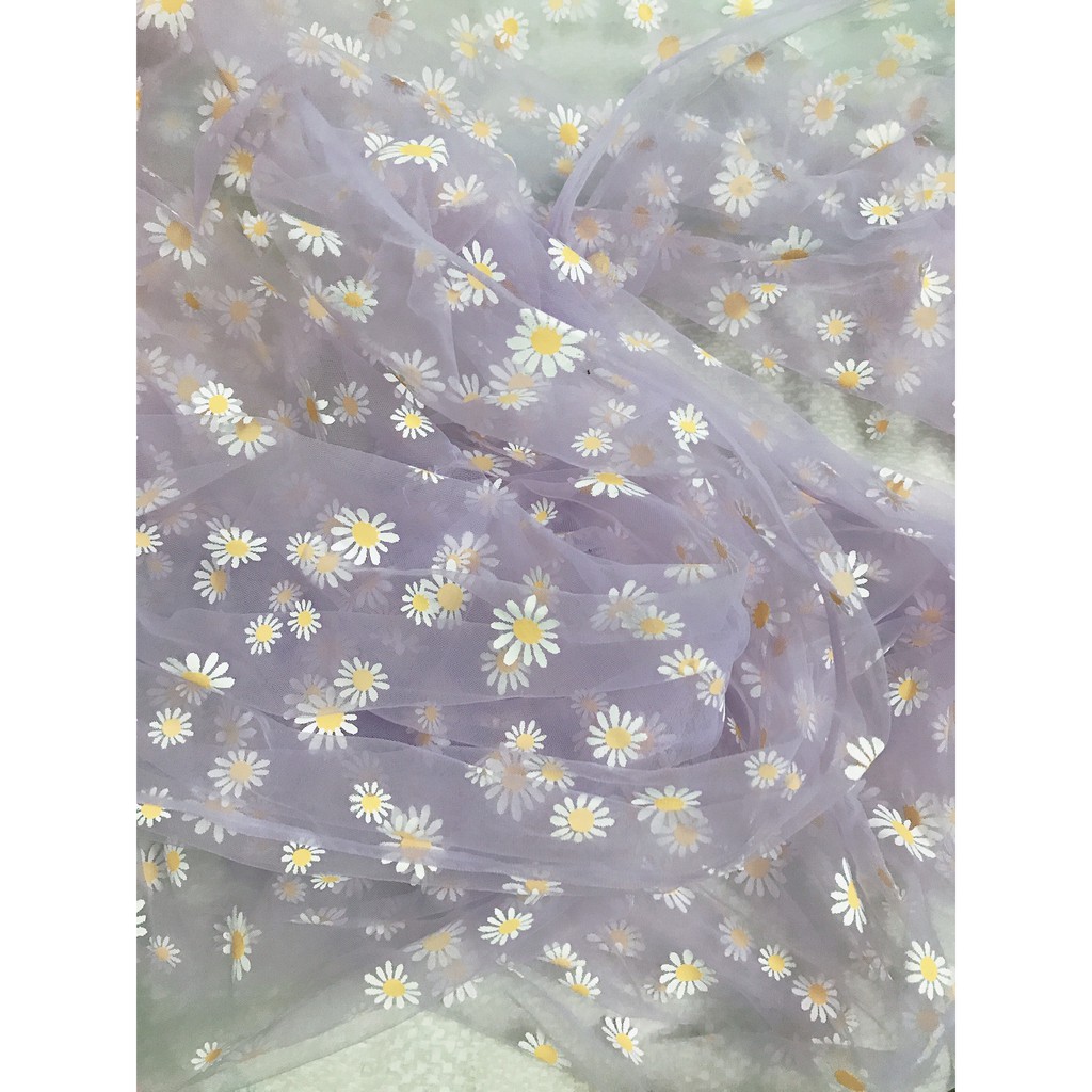 Vải lưới in hình hoa cúc làm phụ kiện dây buộc tóc scrunchies khổ 50x50cm- 1m6