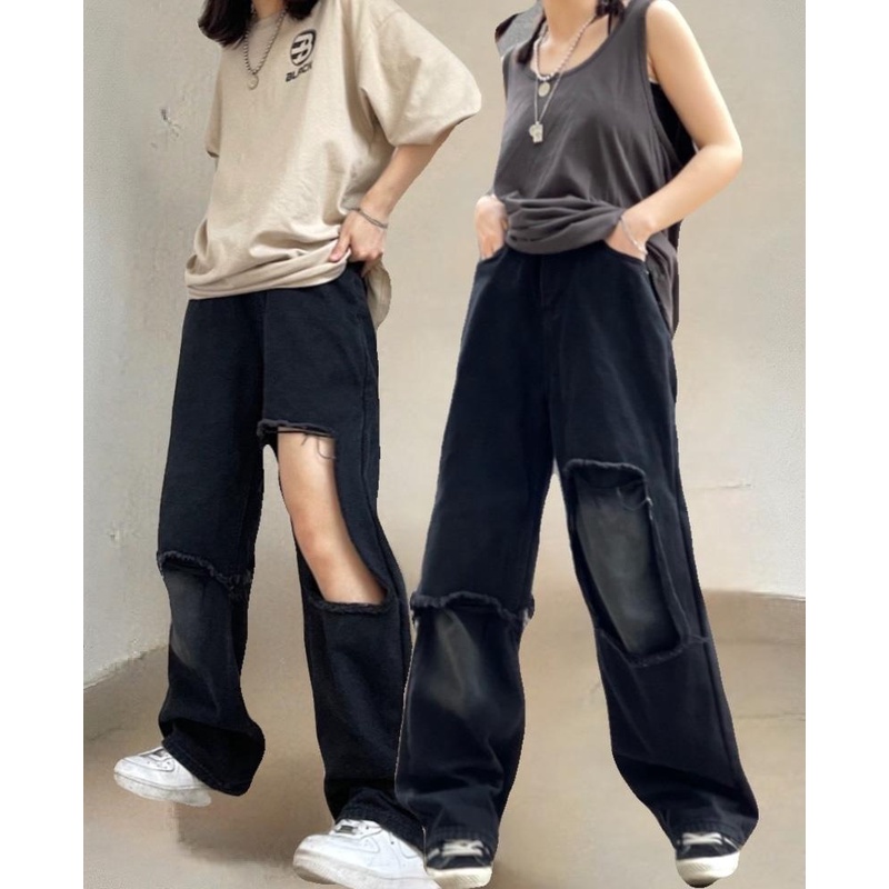 Quần Dài Nữ Ống Rộng Màu Đen Rách Gối Phong Cách Hip Hop Âu Mỹ Cá Tính