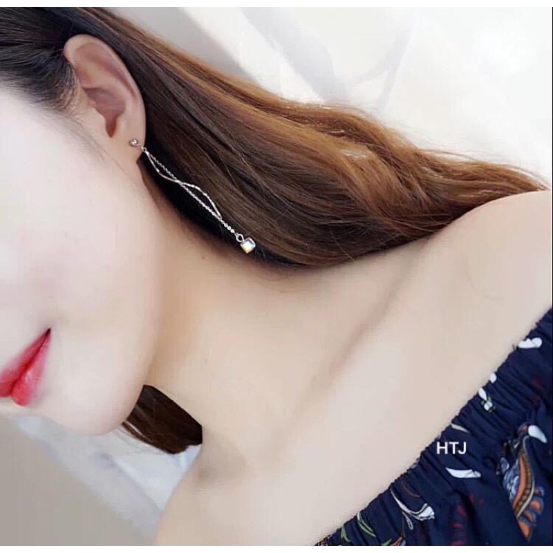 BÔNG TAI BẠC MẶT ĐÁ PHA LÊ VUÔNG DÁNG DÀI