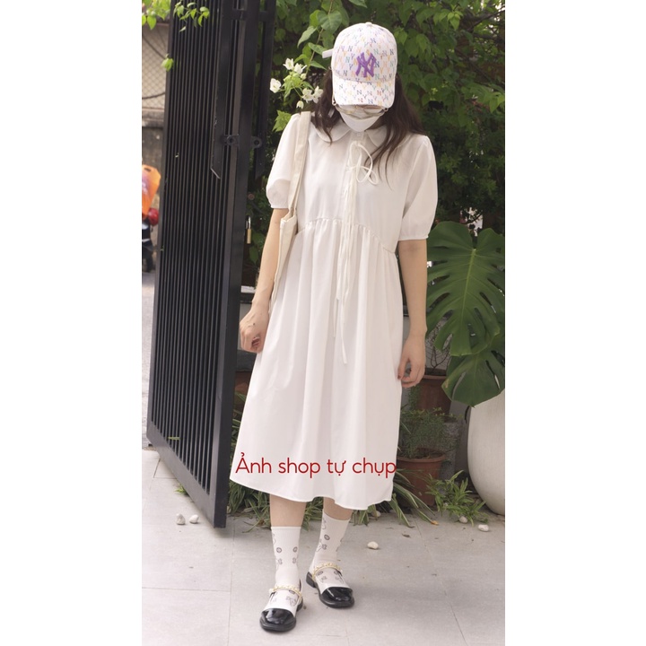 Váy đầm babydoll trắng tay phồng dáng dài babydoll đầm phong cách dễ thương thắt nơ vải thô mát mùa hè