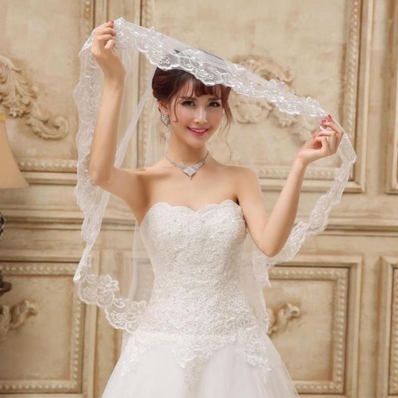Mạng Che Mặt 1 Tầng Vải Tuyn Phối Ren Trang Trí Tóc Cho Cô Dâu