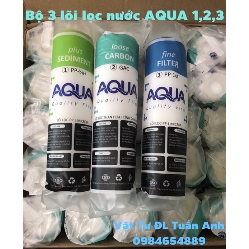 Bộ 3 lõi lọc nước Aqua quét mã QR Chính  hãng - Bộ 3 quả lọc 1+2+3 Aqua chính hãng