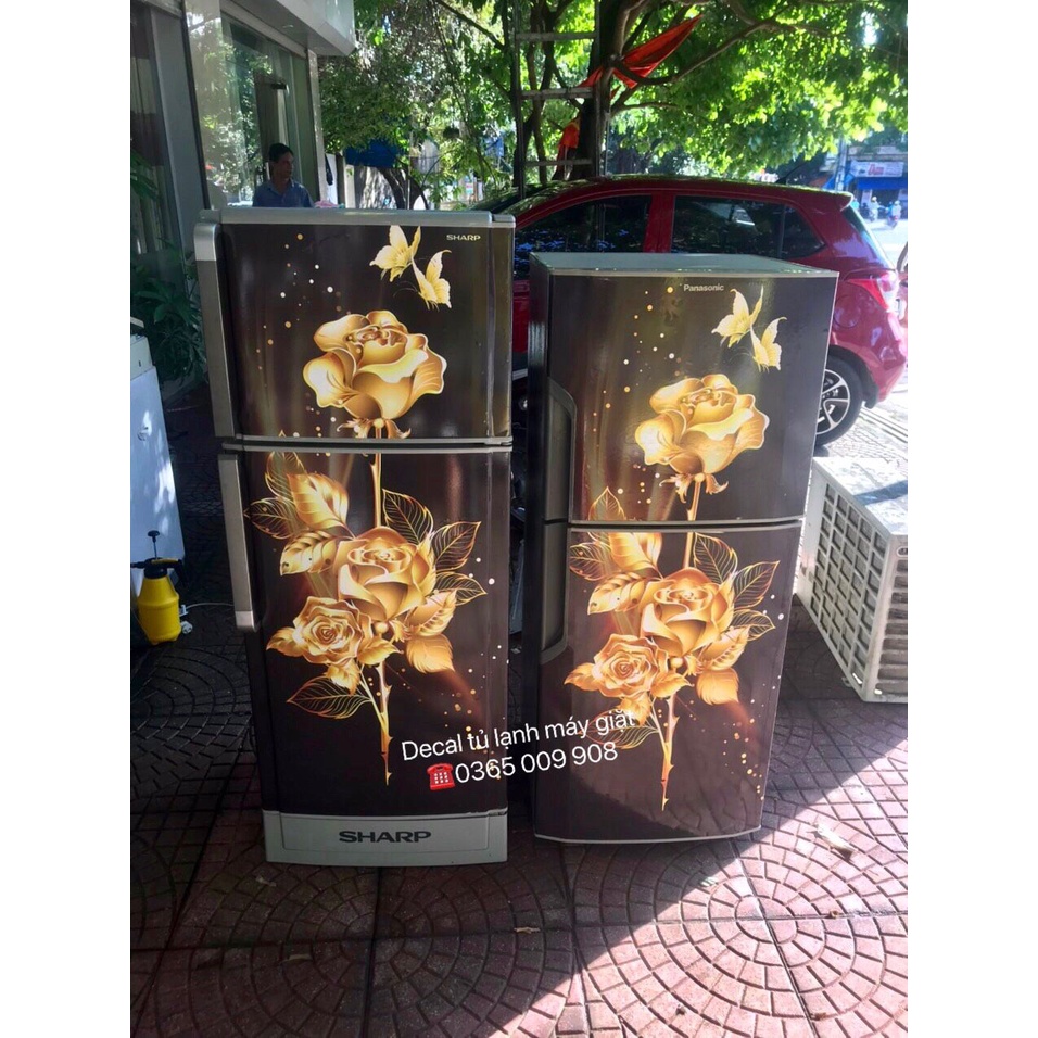 Decal dán tủ lạnh máy giặt bông hồng vàng hue decor, chống nước-siêu bền, giá rẻ