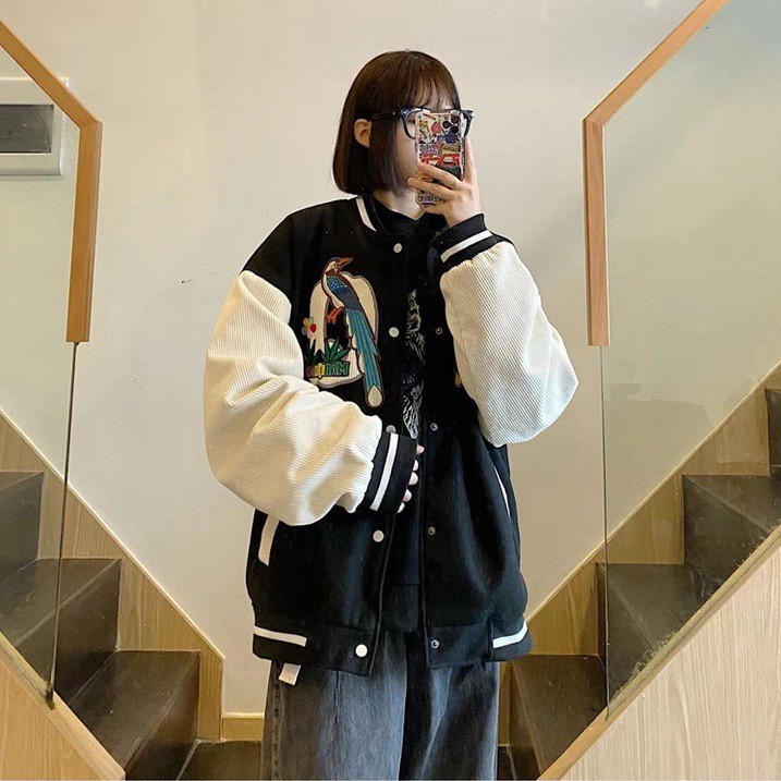 Áo Khoác Bóng Chày Vải Nhung Dáng Rộng Thêu Họa Tiết Kiểu Hàn Quốc Cá Tính Cho Nam