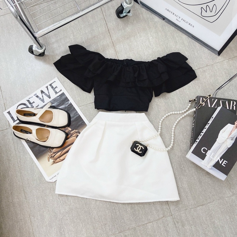 SET ÁO ĐEN BÈO BẸT + CHÂN VÁY TRẮNG MS372