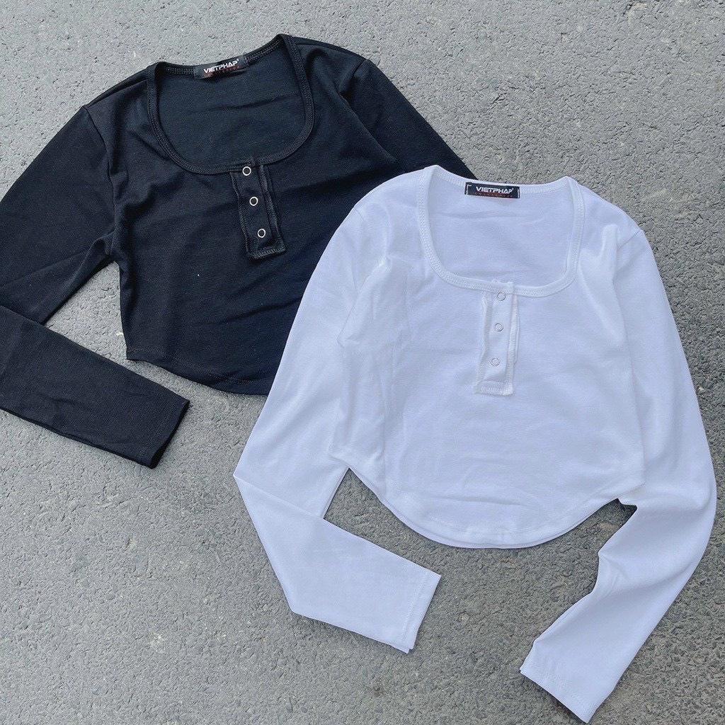 áo croptop ảnh thật tay dài vạt bầu chất bozip nút bấm na