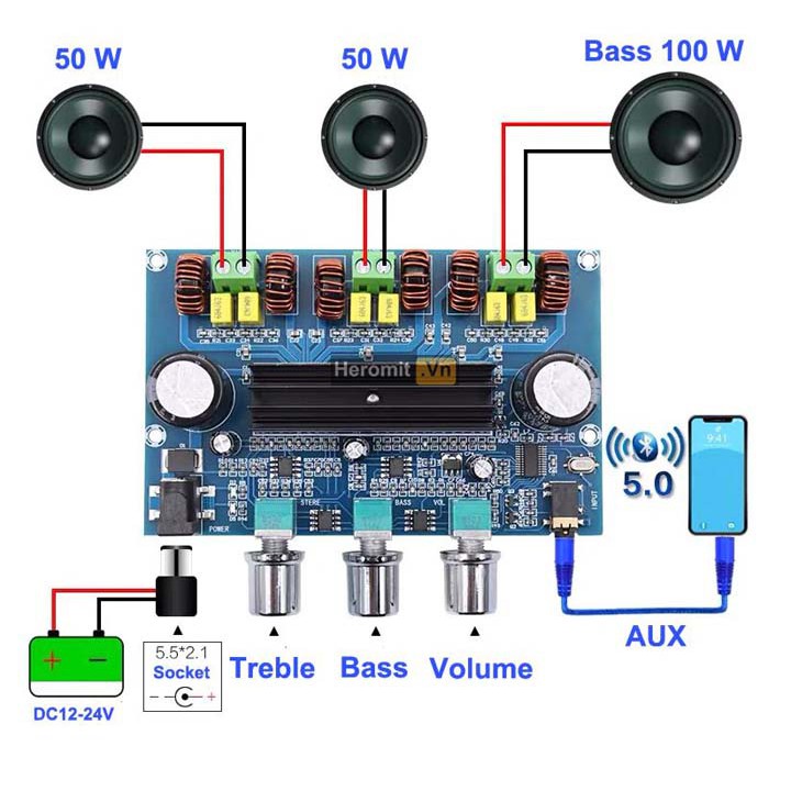 Mạch khuếch đại âm thanh CLASS D BLUETOOTH 5.0  3 kênh 2.1 A305