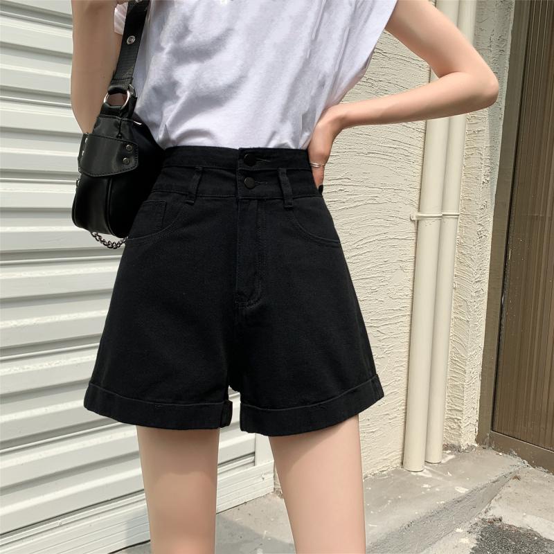 Quần ngắn chữ A IELGY denim lưng cao dáng rộng màu trắng đen thời trang cho nữ