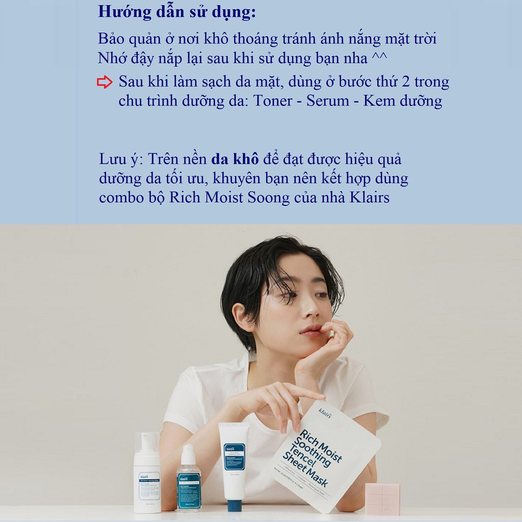 Serum Klairs, Tinh chất dưỡng da dưỡng ẩm chuyên sâu Klairs Rich Moist Soothing Serum 80ml Auth Hàn Quốc