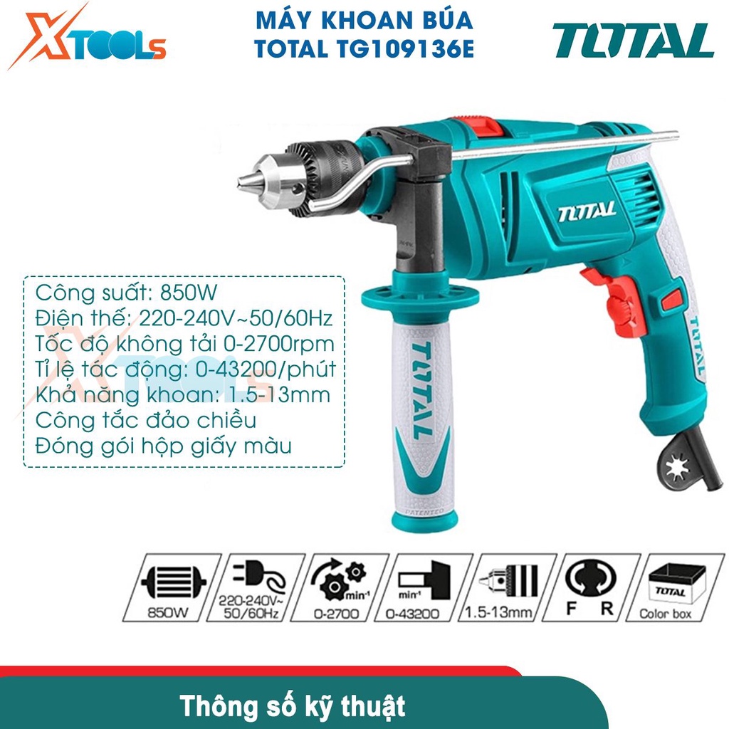Máy khoan cầm tay TOTAL TG109136E 850W, chức năng khoan động lực công tắc đảo chiều khoan tối đa 13mm[CHÍNH HÃNG][XTOOLS